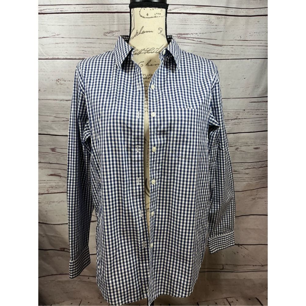 LL Bean Wrinkle Free Gingham Button Down Shirt Womens Medium Regular Blue White
